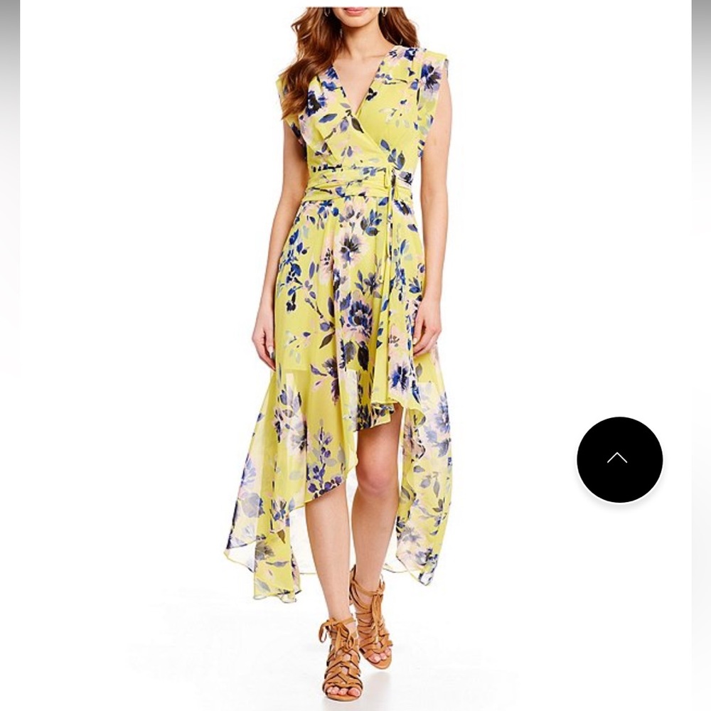 Floral Print Surplice V-Neck Asymmetrical
Hem Chiffon Hi-Low Midi Dress